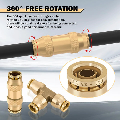 Brass DOT air line fittings kit with push-lock connectors and tubing, includes 1/4 and 3/8 in sizes