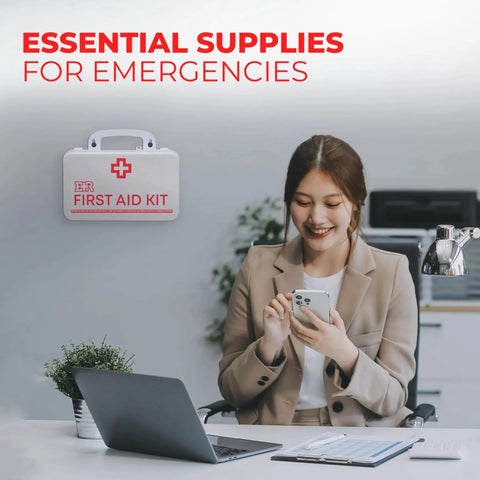 Woman in office with Class B OSHA ANSI Compliant First Aid Kit With 190 Pieces Emergency Medical Supplies wall-mounted nearby