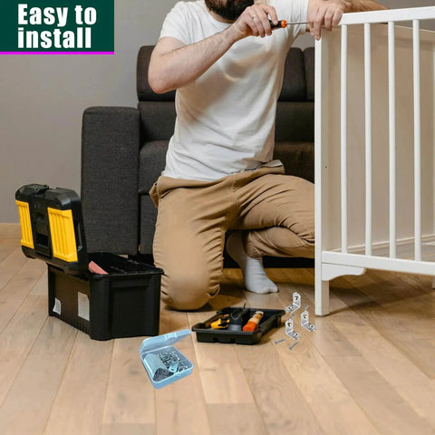 Man installing furniture with 20 Pcs Stainless Steel Corner Braces 25mm By 25mm L Shaped Right Angle Brackets For Wood Furniture With Screws Included.