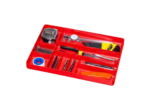 Red 10-compartment tool organizer tray holding various tools for garage and workshop storage, similar to Green 10-Compartment Tool Organizer Tray.