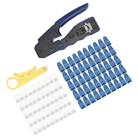 All In One Ethernet Crimping Tool With Pass Through Connectors For Cat5 Through Cat6A, Cutter, Stripper And Crimper shown with connectors