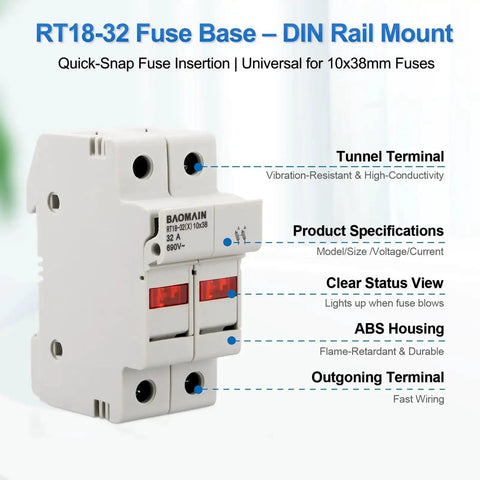 RT18-32 Two Pole Fuse Holder Base With 10x38mm 20A Ceramic Fuses, DIN Rail Mount, CE Certified, side view