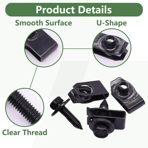Multipurpose Automotive Body Bolts And U Nut Clips Kit For Cars, 30 Piece Fender Fasteners And Bumper Clips, product details view