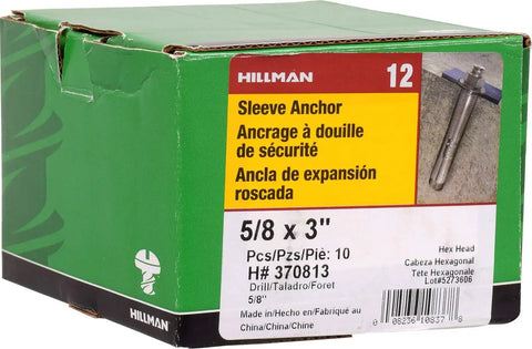 Hex Head Sleeve Anchor Five Eighths Inch By Three Inch Concrete Anchors For Concrete Brick And Block Pre Drill Required Steel Zinc Coated Ten Pack box