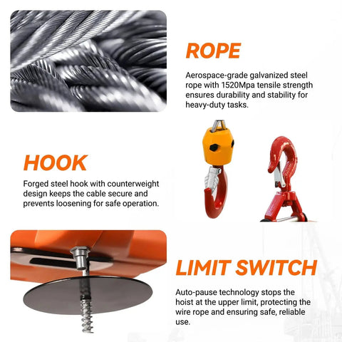 Rope, hook, and limit switch components of 3 In 1 Electric Hoist Winch 1500W 1100Lbs Lift Capacity 25ft Height
