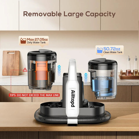 Powerful 15KPa Portable Carpet And Upholstery Cleaner From Ailltopd With Deep Stain Removal For Sofa Couch Car Seat Pet Accidents Two Brush Heads And Cleaning Solution Included showing removable water tanks.