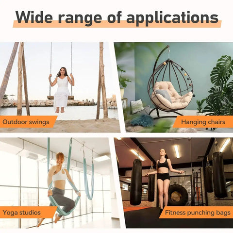 Collage of diverse applications for eye bolts: outdoor swings, hanging chairs, yoga studios, and fitness punching bags.