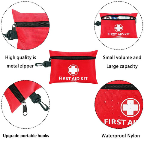 Compact 147 Piece First Aid Kit With Rotatable Buckle featuring waterproof nylon, metal zipper, and portable hooks, shown in red.