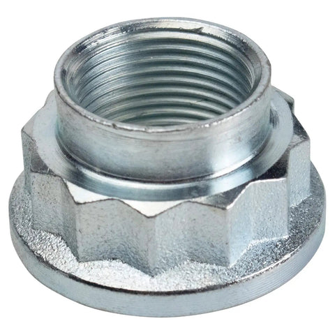 Close-up of a threaded silver nut for Wheel Hub Bearing And Steering Knuckle Assembly Front Left Driver Side for 2012-2017 Toyota Camry 2.5L