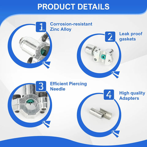 10-piece BPV-31 bullet piercing valve set for refrigerator pipes; zinc alloy body, leak-proof gaskets, piercing needle, 1/4–3/8 in adapters