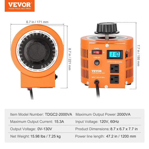 Auto Variable Voltage Transformer 2000VA For US Plug With 0 To 130V Output 110V Input LCD Display 15 Amp Max, front and side view