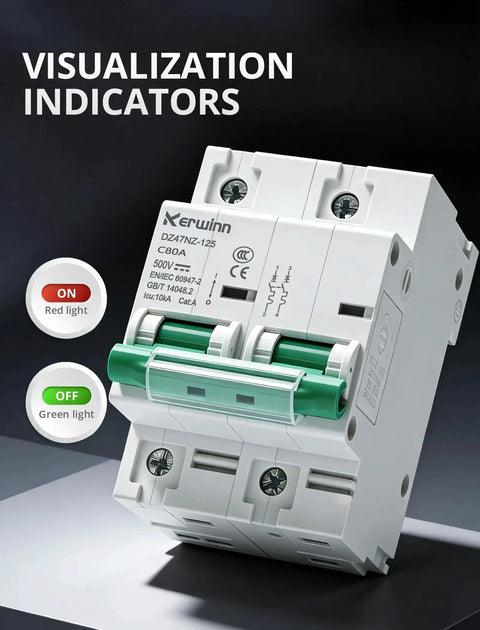 Non Polar DC Circuit Breaker 500V 2 Pole 125A DZ47NZ 125 2P with visual indicators, showing red "ON" and green "OFF" lights