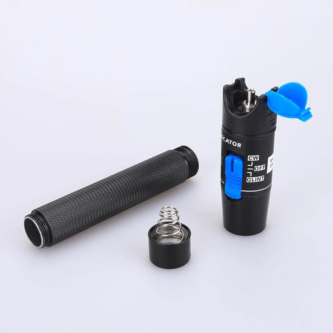 Pen-style aluminum VFL visual fault locator with blue switch and flip cap, plus knurled grip tube and spring