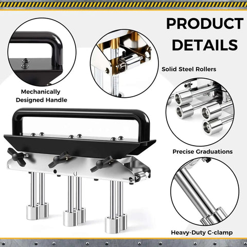 Detailed view of Three Station Edge Roller Bender for Standing Seam Roofing with solid steel rollers, precise graduations, and handle.