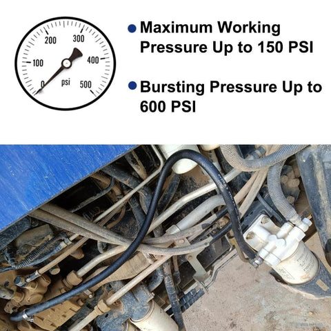 5/8 high-pressure automotive hose with 10 clamps, black fuel/transmission line in dusty engine bay
