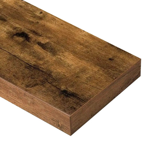 Close-up of Rustic Farmhouse Bathroom Floating Shelves Over Toilet Set Of 2, MDF with rustic brown finish, 15.7 inch wide.