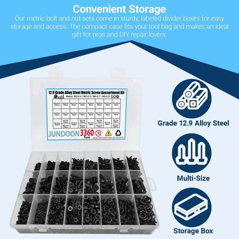 3360Pcs M2 M3 M4 M5 Screws Set With Countersunk Hex Socket Head Cap Screws Nuts Flat Washers And Lock Washers 12.9 Grade Alloy Steel Machine Screw Kit For Durable Hardware Projects And Pro DIY Builds shown organized in labeled storage box.