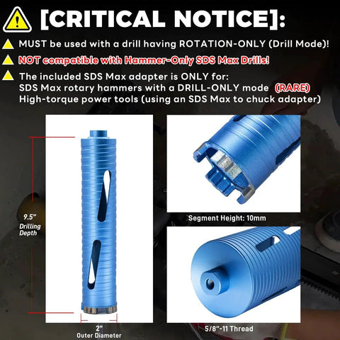 Dry Core Drill Bit Kit For Brick And Masonry 2 Inch OD With 9.5 Inch Depth Includes SDS Plus SDS Max And 1/2 Inch Hex Shank Adapters 5/8-11 Thread DaduoRi