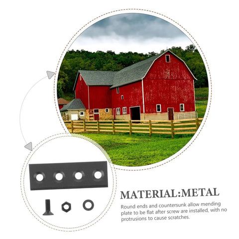 Sliding Barn Door Track Connector Kit with melding plates and metal components displayed near a red barn