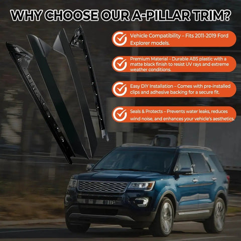 A Pillar Trim Molding Kit for Explorer 2011 2019 Left and Right Window Trim shown with features and SUV in background