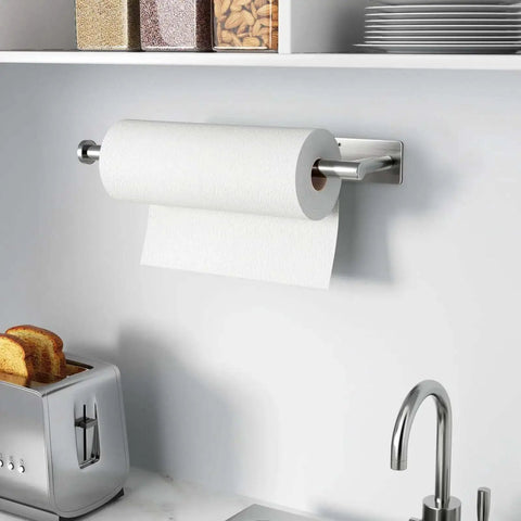 Wall-mounted Stainless Steel Paper Towel Holder With Self Adhesive Or Drilling Mount Brushed Nickel Finish in kitchen setting