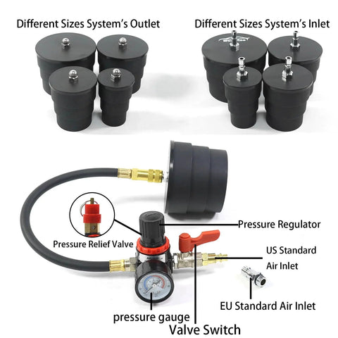 Turbo Boost Leak Tester Kit For Cars And Light Trucks, 9-Piece Set With Stepped Adapters From One And Three-Eighths Inch To Three And One-Half Inches, Turbo Pressure Tester For Cooling Emissions And Exhaust Piping, Quick Leak Location displayed with adapters and gauge