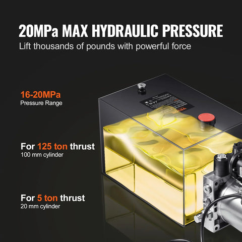 20-quart hydraulic power unit with yellow reservoir, red cap, and compact pump assembly