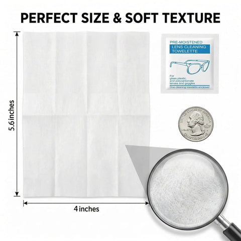 Anti Fog Lens Wipes For Glasses And Goggles Defogger Towelettes 160 Count showing wipe dimensions with magnified soft texture.
