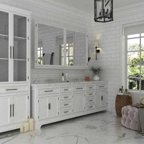 White bathroom with 10 Pack 3 Inch Black And Gold Cabinet Handles Square Drawer Pulls installed on cabinets, elegant modern decor.