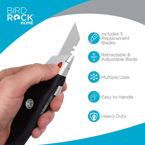 Heavy Duty Utility Knife Set With Retractable Box Cutter And Rubber Handle, hand holding knife showing metal blade