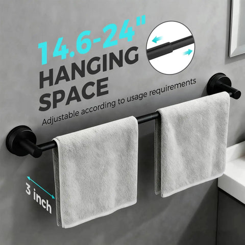 Adjustable Suction Cup Towel Bar For Bathroom Wall From 14.6 To 24 Inches Matte Black Stainless Steel Bath Towel Holder with towels