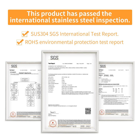 Three framed test reports including SUS304 SGS and ROHS for 815-Piece Machine Screws Assortment Kit With Case Includes Stainless Steel Nuts Bolts Lock Washers And Flat Washers, Phillips Pan Head Screws In Sizes 6-32, 8-32 And 10-24, Wrenches, Nuts, And A Must-Have DIY Home Improvement Kit For Everyday Fixes.