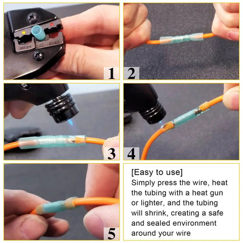 Butt connectors heat-shrink kit with crimp tool; orange wire and teal heat-shrink tubing shown in 5-step demo.