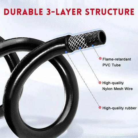 Close-up of durable 3-layer structure on Ready to Hook Up 3ft Two Stage Propane Regulator Hose With 90 Degree Fittings.
