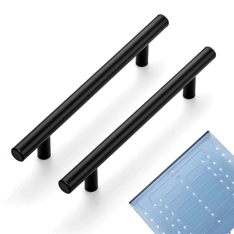 32 Pack Matte Black Stainless Steel Cabinet Pulls Seven And Three Eighths Inch Long With Five Inch Center To Center Hole Spacing And Mounting Template