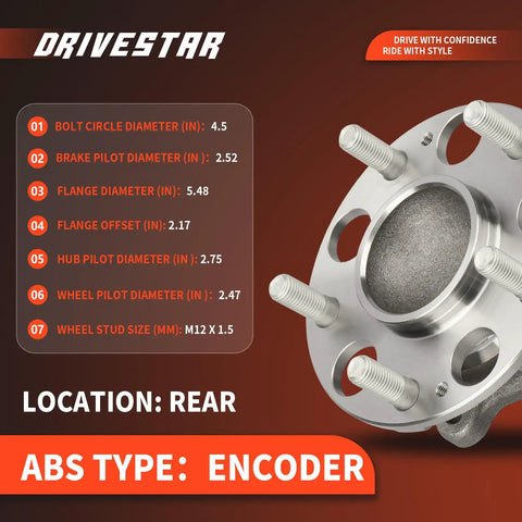 Beefed Up Rear Wheel Hub And Bearing Assembly For Honda Civic 2006 2011 1.8L With Encoder ABS, 5 Lug Replacement Wheel Hub