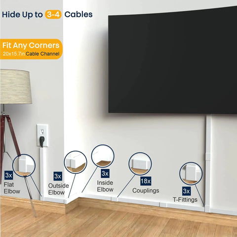 Hide Cords Wall Mount Kit for TV and Home, 315 Inches Paintable White Cord Hider and Wire Cover installed on wall with TV view