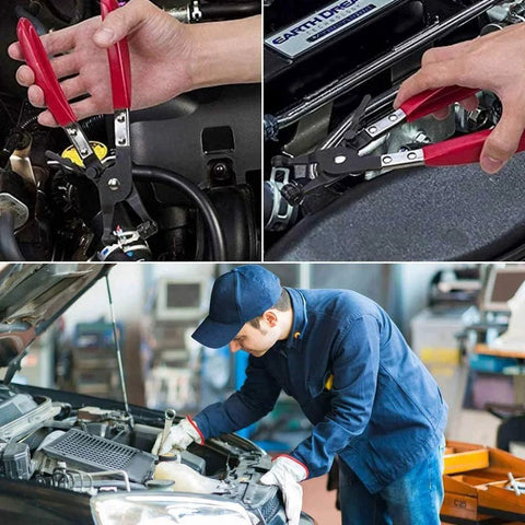 Two Piece Hose Clamp Pliers Set With 45 Degree Angle Flat Belt Hose Clamp Pliers And Wide And Flat Band Hose Clamp Pliers For Automotive Fuel Oil Water Coolant Radiator Heater Maintenance And Repair in use during car engine maintenance