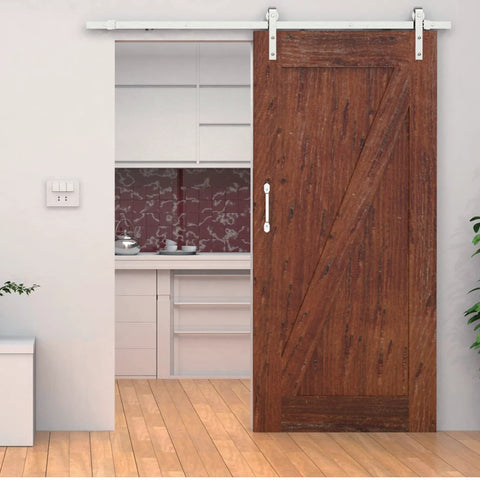 2 Pack Ultra Smooth Soft Close Barn Door Hardware Kit With Spring Buffer Damper Hole Free Track Quiet Close System installed on wood door