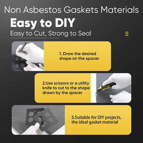 Terixe 3-pack non-asbestos gasket sheet banner showing three yellow DIY steps panels