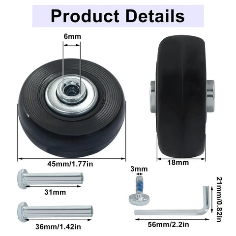 45x18mm Luggage Replacement Wheels 4 Pack Rubber Swivel Casters With Ball Bearings includes axles, screws, and washers