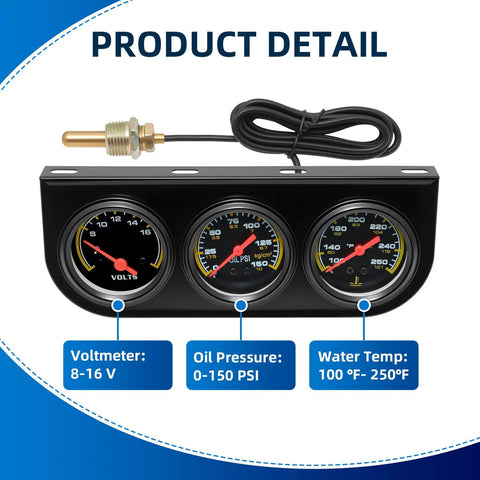 MH 2-inch 52mm triple gauge set in black panel with voltmeter, oil pressure, and water temperature gauges