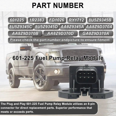 Front view of Ford Fuel Pump Relay Module 601-225 Direct Fit Replacement with 8-pin connector on vehicle background