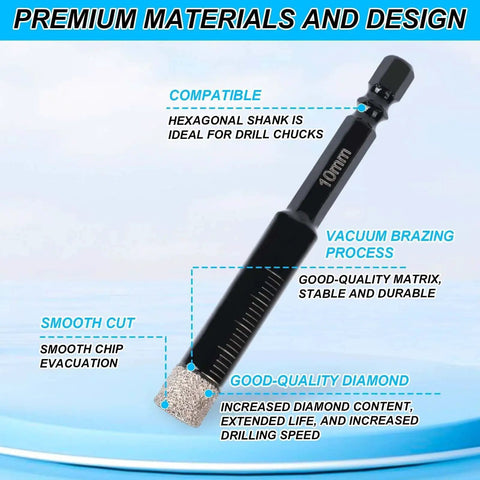 5 Piece Diamond Drill Bit Set For Tile Ceramic Glass Granite Marble And Masonry Pro Grade Brazed Diamond Bits With 1/4 Inch Hex Shank