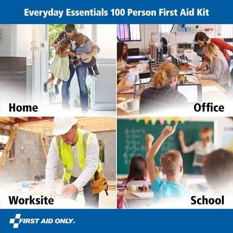 Collage of OSHA Compliant All Purpose First Aid Kit use in home, office, worksite, and school environments with images of people.