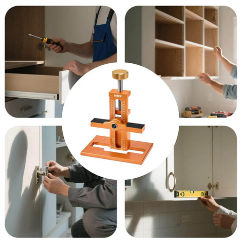 Collage showing a Three In One Cabinet Door Mounting Jig With Base For Frameless And Framed Cabinets and its installation uses.