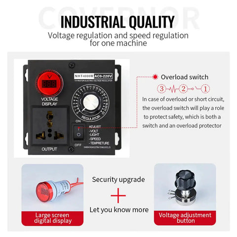 AC Motor Variable Speed Controller with overload switch, digital display, and adjustment button for industrial use, 4000W, 120-220V.
