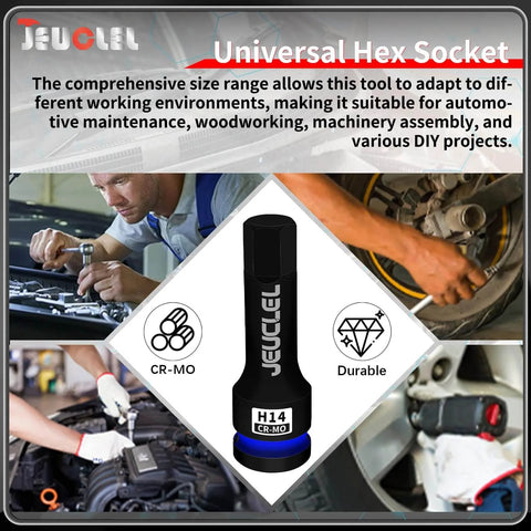 14mm Hex Impact Socket H14 One Half Inch Drive Lengthened Chromium Molybdenum Steel Allen Socket shown with automotive use