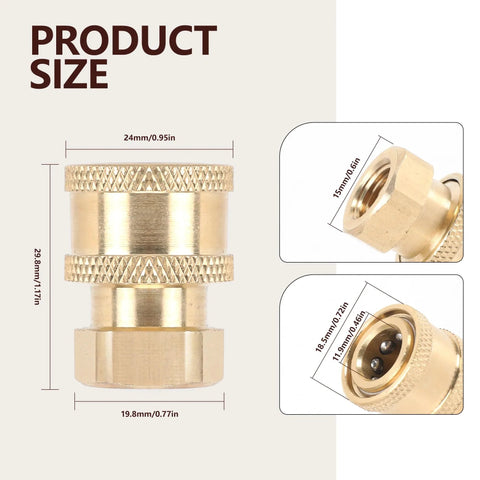 Close-up of Brass Pressure Washer Fittings Kit Three Pack With One Quarter Inch Quick Connect To Female NPT Adapters showing dimensions.