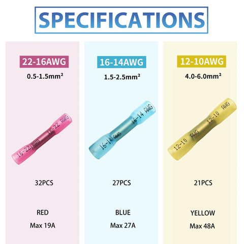 Heat shrink butt connectors set in red, blue, yellow; 32/27/21pcs; AWG sizes 22-16, 16-14, 12-10.
